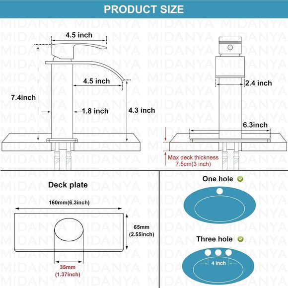 Midanya Bathroom Sink Faucet Waterfall Spout Single Handle 1 Hole Deck Mount Mix - Picture 4 of 8